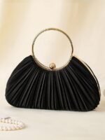 Green Elegant Pleated Velvet Clutch with Gold Ring Handle - - Image 14