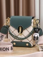 Women's Trendy Plaid Mini Shoulder Bag with Bear Charm,