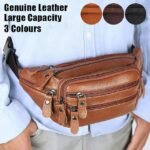 Men's Black Leather Waist Bag with Multiple Zippered
