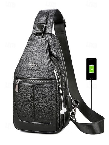 Men's Faux Leather Sling Chest Bag with USB Charging Port,