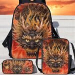 Men's 3-Piece Dragon Backpack Set with Flame Print -