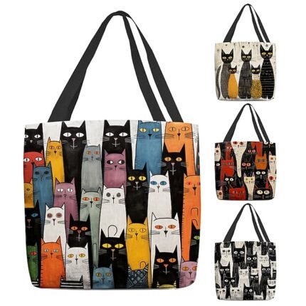 Colorful Large Capacity Tote Bags with Abstract Cat Art Designs