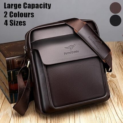 Men's Brown Faux Leather Crossbody Shoulder Bag with Front