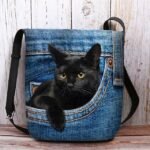 Cute Black Cat Denim Print Crossbody Bag – Casual Women's - Image 8