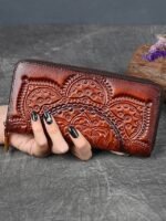 Handmade leather continental wallet with elegant mandala pattern - Image 2