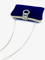 Women's Elegant Blue Velvet Clutch Bag with Rhinestone Ring - Image 5