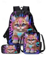 Kids 3-piece colorful cat backpack set (with insulated lunch bag