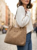 Women's Corduroy Tote Shoulder Bag with Leather Straps, - Image 4