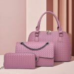 Women's 3-Piece Brown Woven Faux Leather Handbag Set –