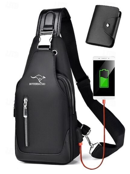 Men's Waterproof Oxford Cloth Sling Bag with USB Charging