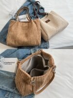 Women's Corduroy Tote Shoulder Bag with Leather Straps, - Image 6