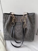 Women's Corduroy Tote Shoulder Bag with Leather Straps, - Image 11