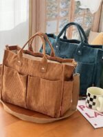 Women's Corduroy Tote Bag with Multiple Pockets, Casual
