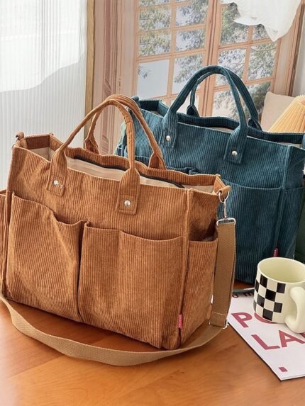 Women's Corduroy Tote Bag with Multiple Pockets, Casual