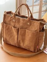 Women's Corduroy Tote Bag with Multiple Pockets, Casual - Image 15