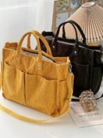 Women's Corduroy Tote Bag with Multiple Pockets, Casual - Image 11