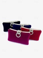 Women's Elegant Blue Velvet Clutch Bag with Rhinestone Ring - Image 4