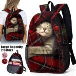 Large Capacity Animal Cat Print Backpack with Red Plaid Design