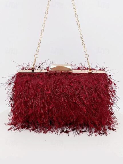 Women's Chic Feathered Evening Clutch with Chain Strap,