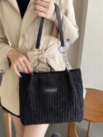 Women's Corduroy Tote Shoulder Bag with Leather Straps, - Image 13