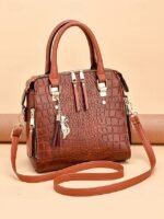 Women's Faux Leather Crocodile Pattern Handbag with Tassel - Image 12