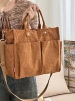 Women's Corduroy Tote Bag with Multiple Pockets, Casual - Image 10