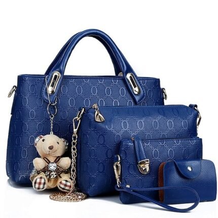 Women's 4-Piece Blue Handbag Set with Teddy Bear Charm -