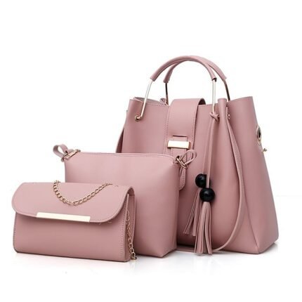 Women's 3-Piece Handbag Set - Pink Faux Leather Tote,