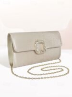 Women's White Satin Clutch with Rhinestone Buckle - Elegant - Image 5