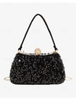 Women's Black Sequin Evening Clutch with Pearl Accent – - Image 9