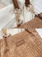 Women's Corduroy Tote Shoulder Bag with Leather Straps, - Image 7