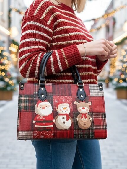 Women's Christmas Tote Bag - Faux Leather, Santa and