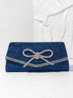 Blue Glitter Clutch Purse with Rhinestone Bow Accent, Elegant