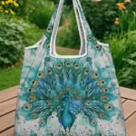 Women's Peacock Print Folding Tote Bag - Large Capacity