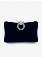 Women's Elegant Blue Velvet Clutch Bag with Rhinestone Ring - Image 11