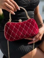 Women's Velvet Quilted Evening Purse with Diamond Accents - - Image 8