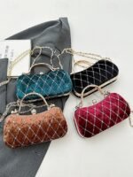 Women's Velvet Quilted Evening Purse with Diamond Accents - - Image 6