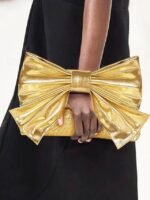 Women's Gold Faux Leather Clutch Bag with Oversized Bow - Image 2