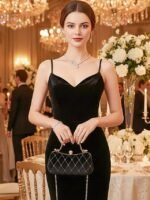 Women's Velvet Quilted Evening Purse with Diamond Accents - - Image 3
