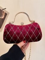 Women's Velvet Quilted Evening Purse with Diamond Accents - - Image 7