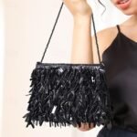 Luxurious Black Evening Clutch with Sparkling Crystal Fringe and