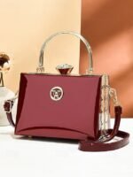 Women's Burgundy Patent Leather Evening Handbag with Gold - Image 11
