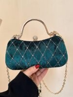 Women's Velvet Quilted Evening Purse with Diamond Accents - - Image 14