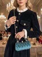 Women's Velvet Quilted Evening Purse with Diamond Accents - - Image 5