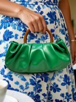 Women's Pleated Faux Leather Tote Clutch Bag with Acrylic - Image 2