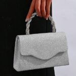 Women's Silver Glitter Handbag with Rhinestone Handle –