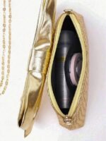 Women's Gold Faux Leather Clutch Bag with Oversized Bow - Image 7