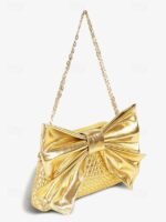 Women's Gold Faux Leather Clutch Bag with Oversized Bow - Image 4