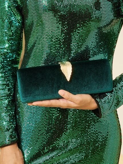 Women's Velvet Clutch Bag with Gold Feather Accent and