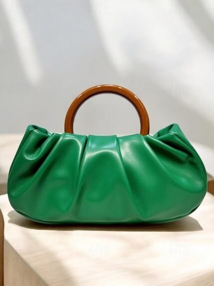 Women's Pleated Faux Leather Tote Clutch Bag with Acrylic